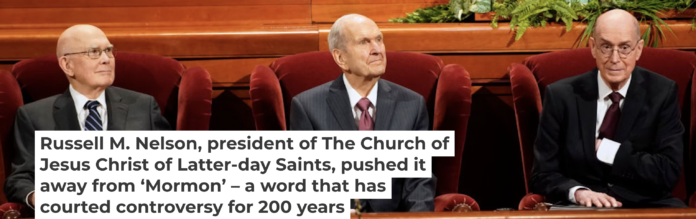 Russell Nelson, center, sits during the Church of Jesus Christ of Latter-day Saints’ biannual General Conference in Salt Lake City in 2019. George Frey/Getty Images